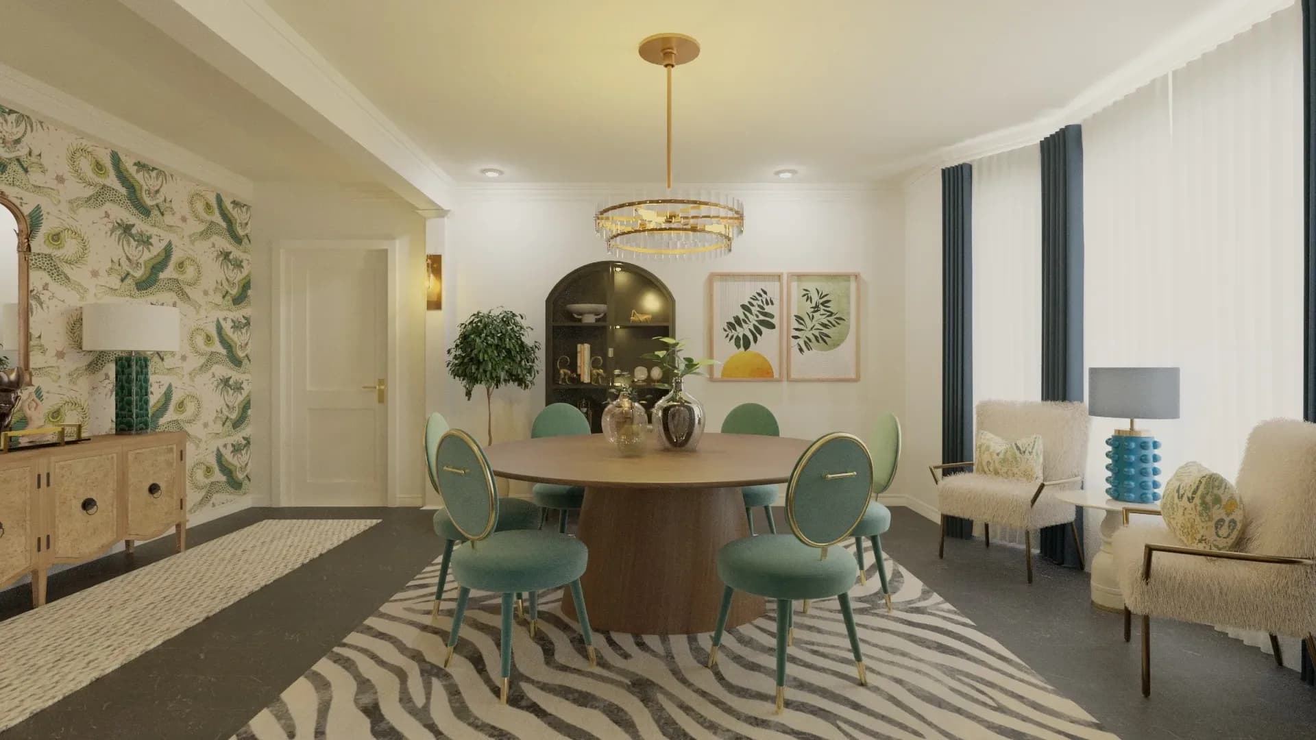Dining room with round wood table, teal upholstered chairs, zebra-stripe rug, botanical artwork, and soft neutral palette with brass accents by Elizabeth Mink Gaudreau.