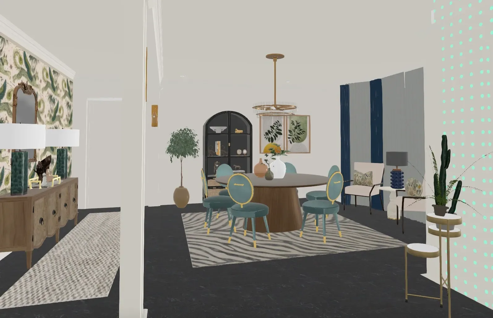 Modern interior rendering featuring a round dining table with teal chairs, geometric area rug, arched bookcase, pendant lighting, and navy accent wall by Elizabeth Mink Gaudreau.