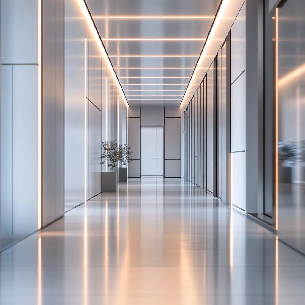 Minimalist corridor with symmetrical glass partitions, linear ceiling lights, and reflective polished flooring creating depth, designed by Emad Hasan.
