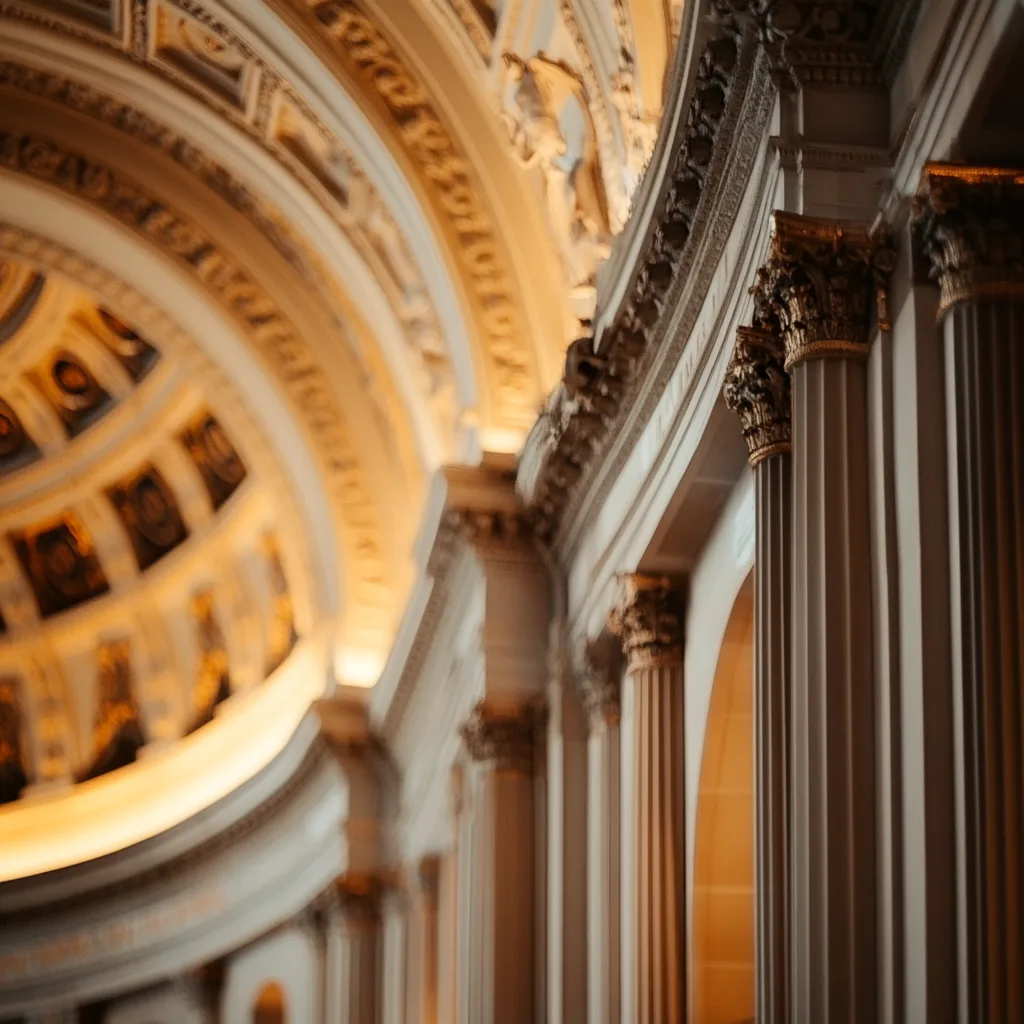 Neoclassical interior with illuminated coffered dome, ornate cornice details, and fluted columns in warm lighting by Emad Hasan.