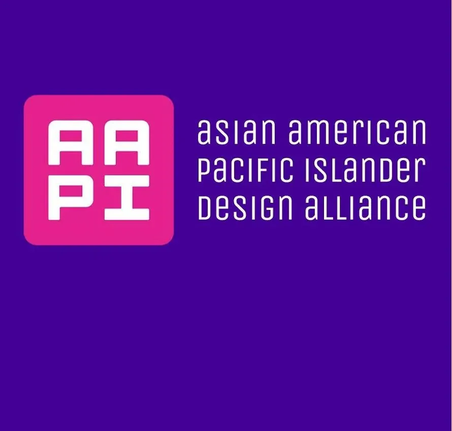 Branding identity for Asian American Pacific Islander Design Alliance featuring a pink rounded-square logo with white geometric lettering on deep purple background by Emeryann Hare.