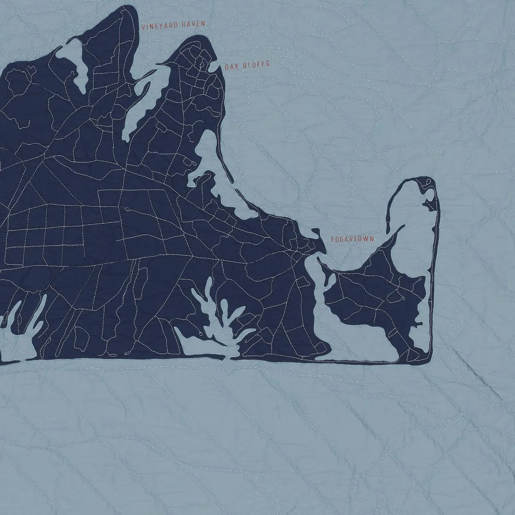 Dark blue site plan or regional map with district boundaries and waterways marked in white, labeled with location names, by Emily Fischer.