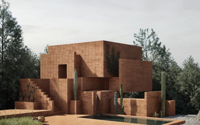 Terracotta brick modernist pavilion with sculptural stepped forms and deep shadow play, surrounded by desert landscaping by Emily Paulson.