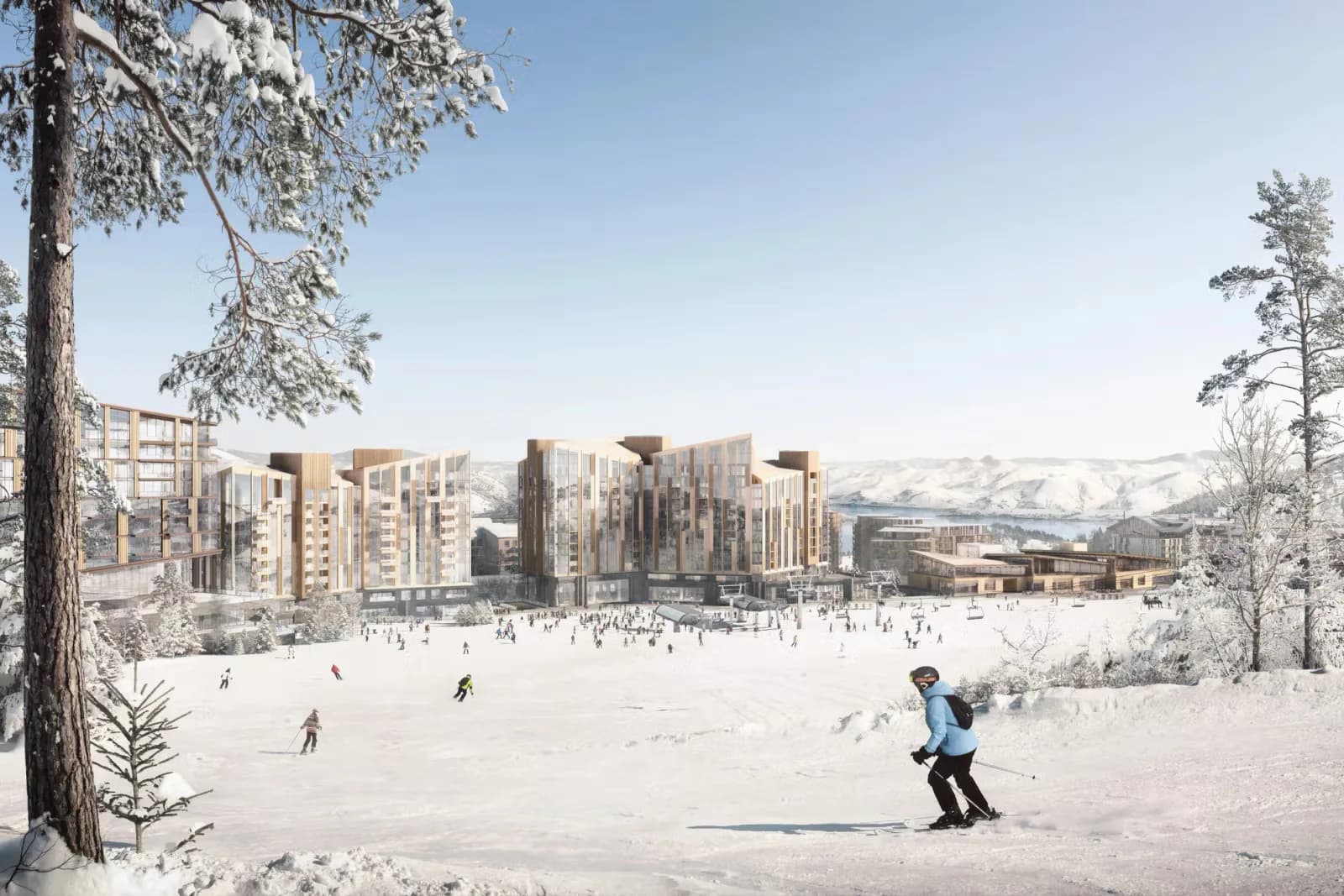 Winter landscape with snow-covered ground, frost-laden trees, and a modern building complex in the distance by Eran Chen.