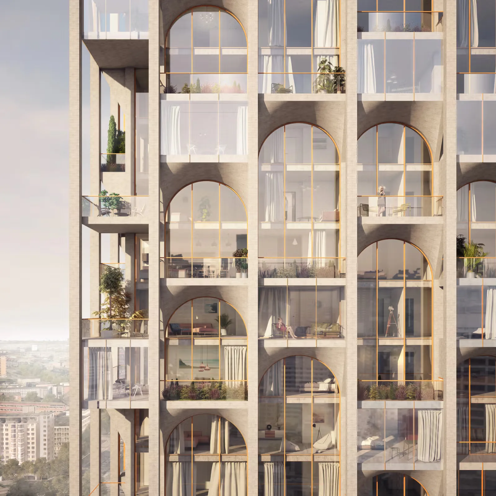 Tall residential tower facade featuring stacked curved arch windows and balconies with warm beige materiality and subtle interior lighting by Eran Chen.