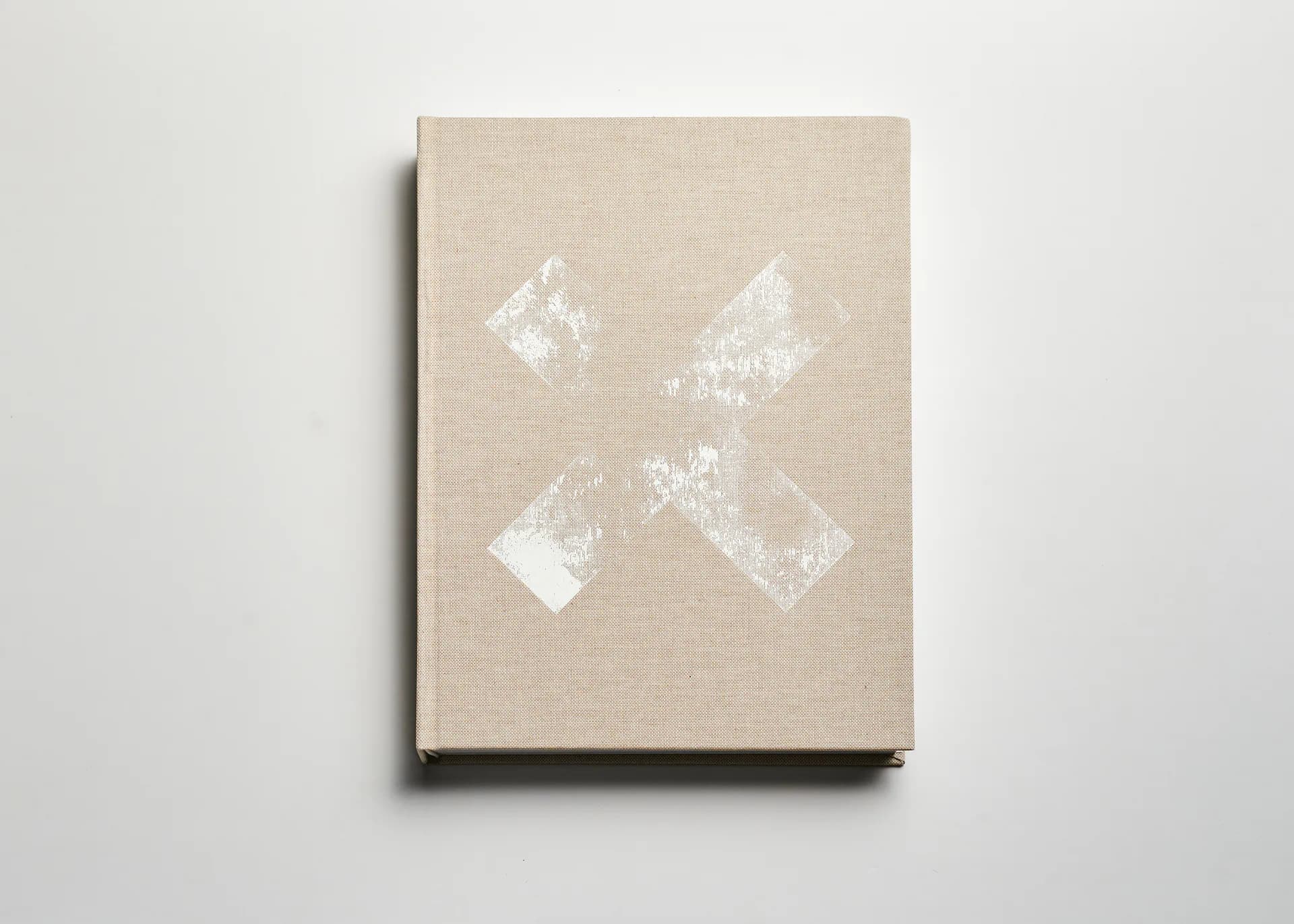 Beige linen-textured canvas with white geometric line drawings of abstract architectural or sculptural forms by Erez Nevi Pana.