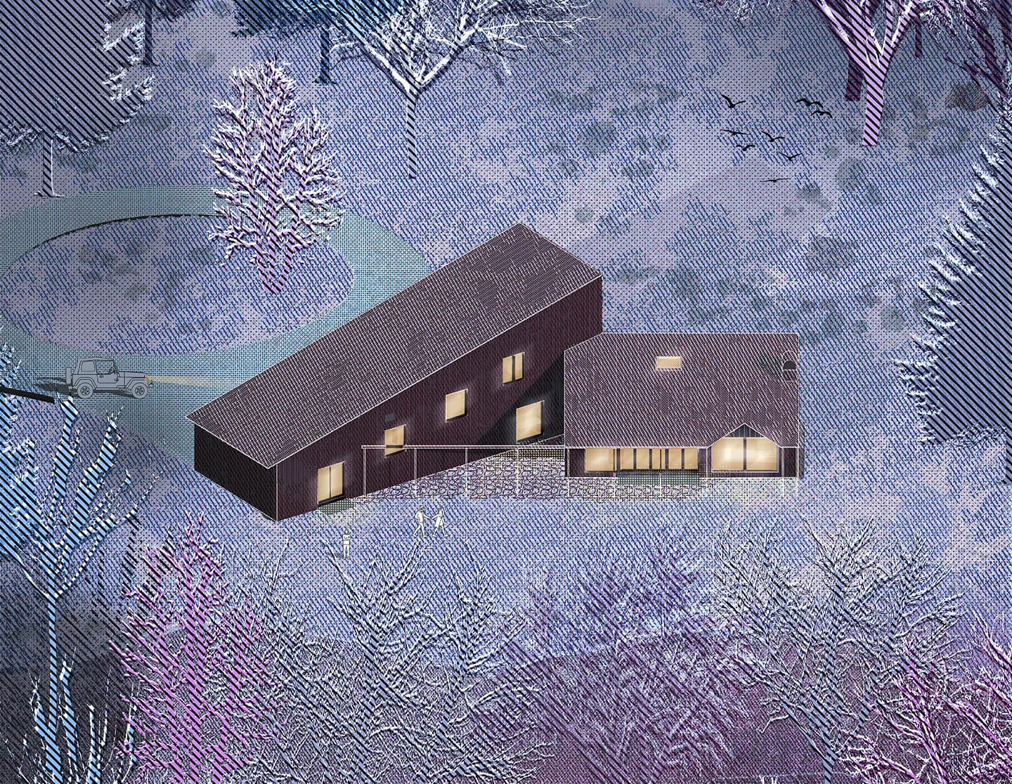 Modern angular building with dark facade and illuminated windows set in snowy landscape by Eric Bunge.