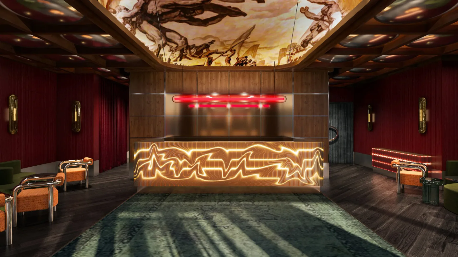 A luxurious hotel lobby features a dramatic coffered ceiling with gold patterns, a glowing geometric reception desk, burgundy velvet curtains, brass wall sconces, and a teal geometric floor rug by Erika Dray.