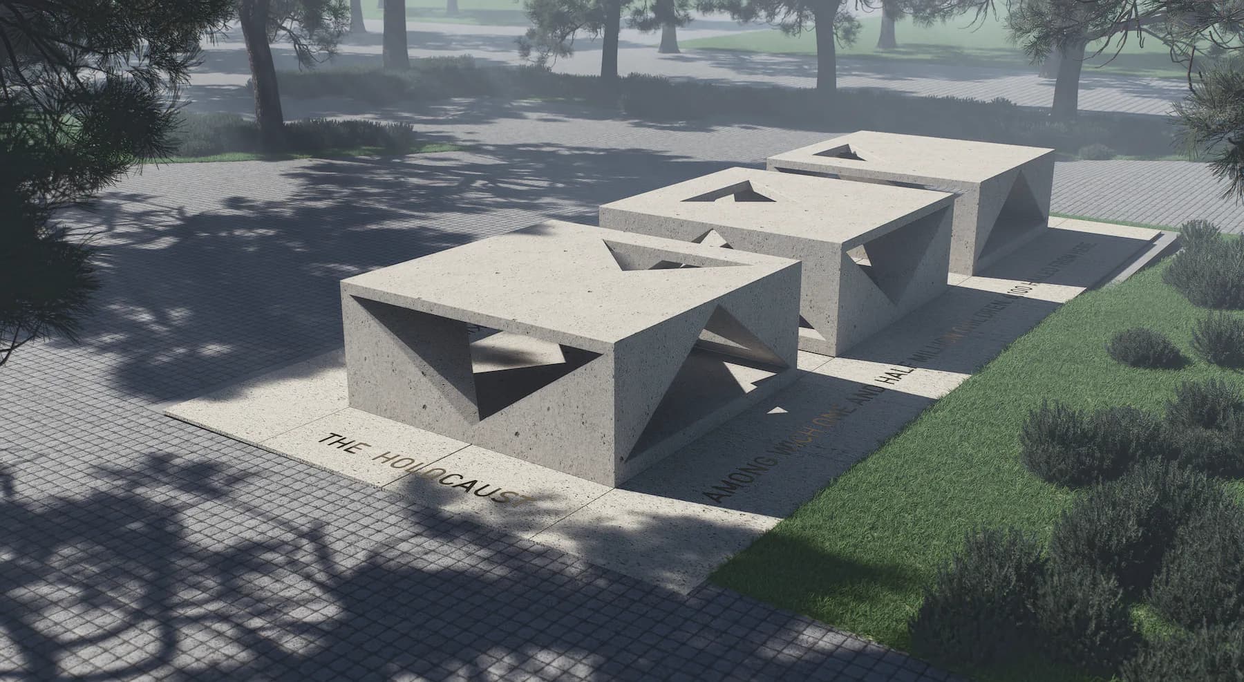 Modern concrete pavilion structures with angular cutouts arranged in a park setting with trees and paved walkways by Erika Stahlman.
