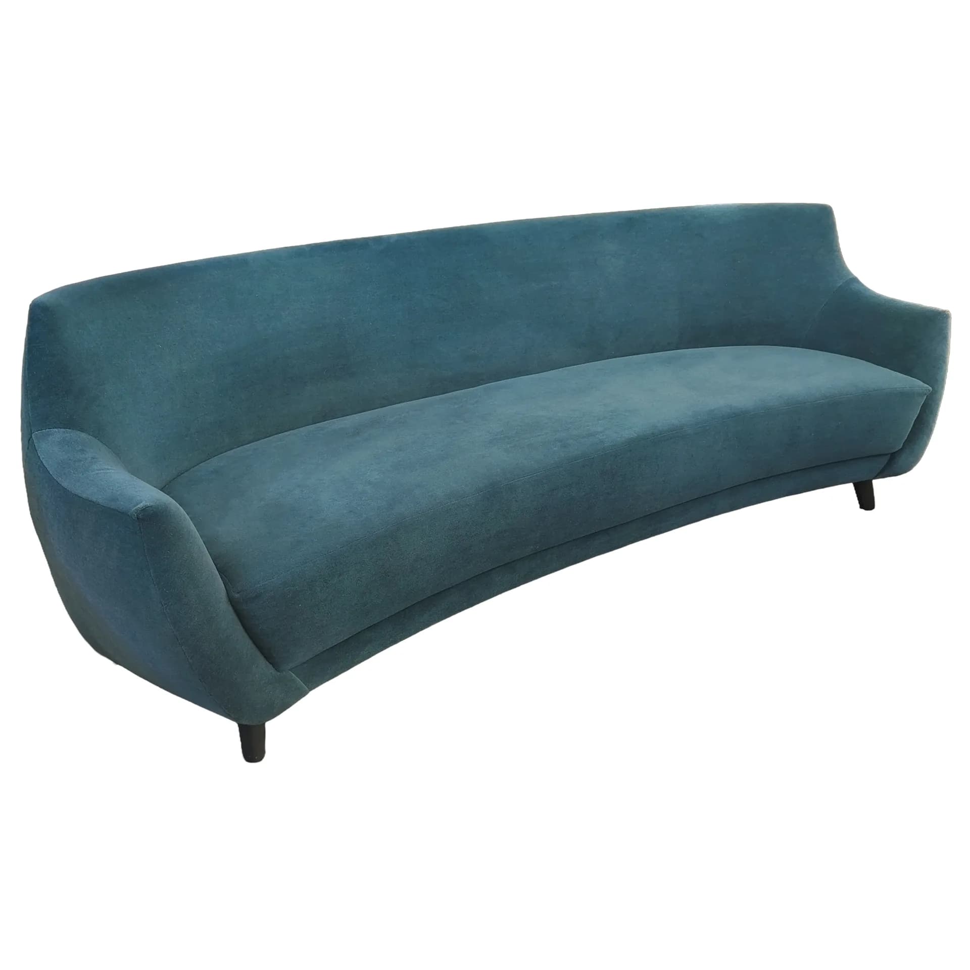 Curved teal upholstered sofa with rounded armrests and tapered legs, showcasing modern furniture design by Evan Ainbinder.