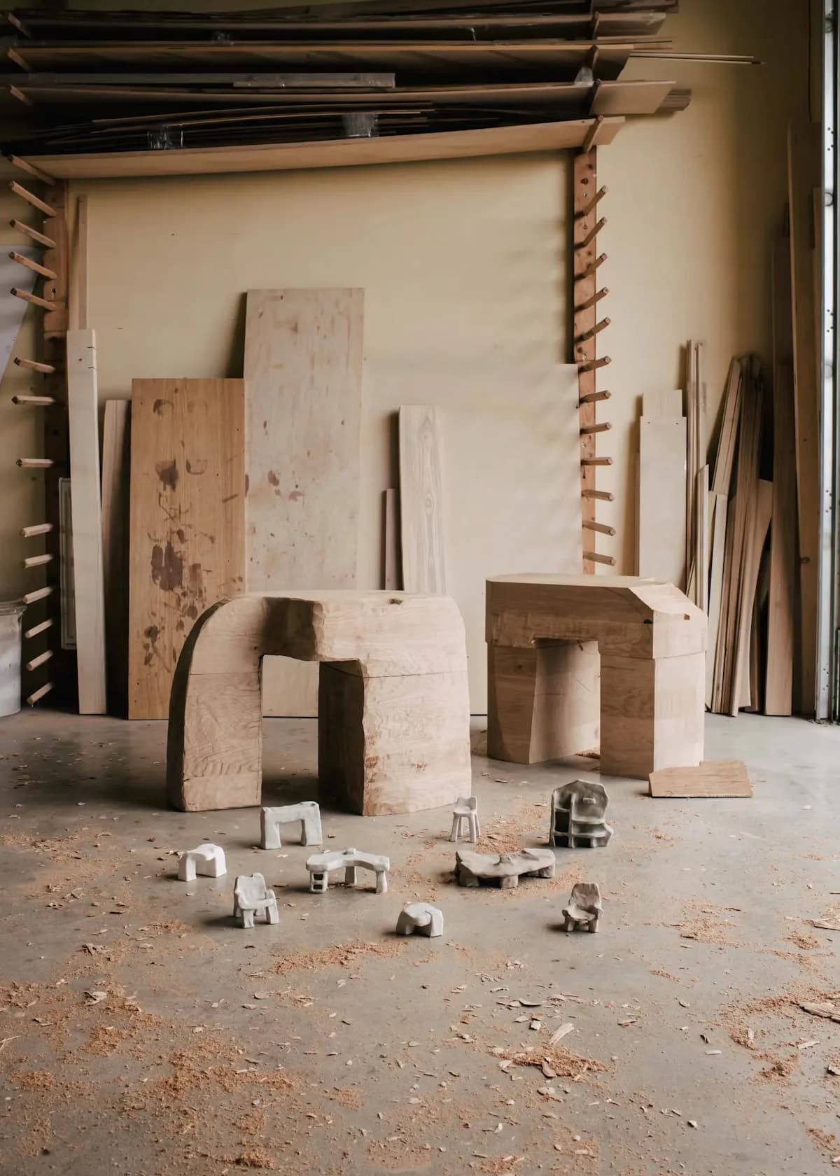 Studio installation featuring sculptural plaster and wood forms with geometric cutouts and architectural elements, photographed on concrete flooring by Faye Toogood.