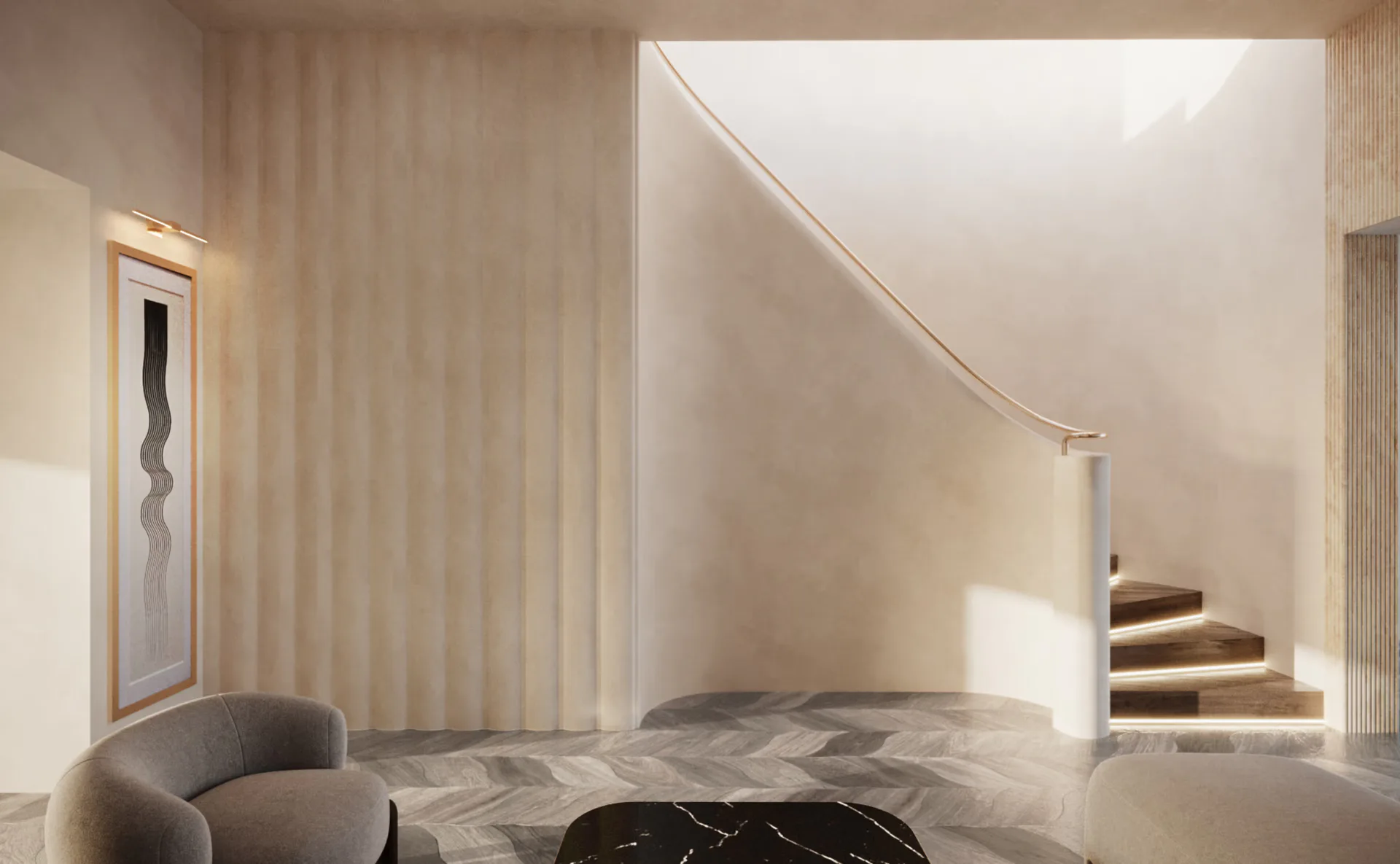 Minimalist bedroom with curved gray seating, marble flooring, striped wall paneling, and floating staircase with dramatic skylight by Fernanda Ruelas.