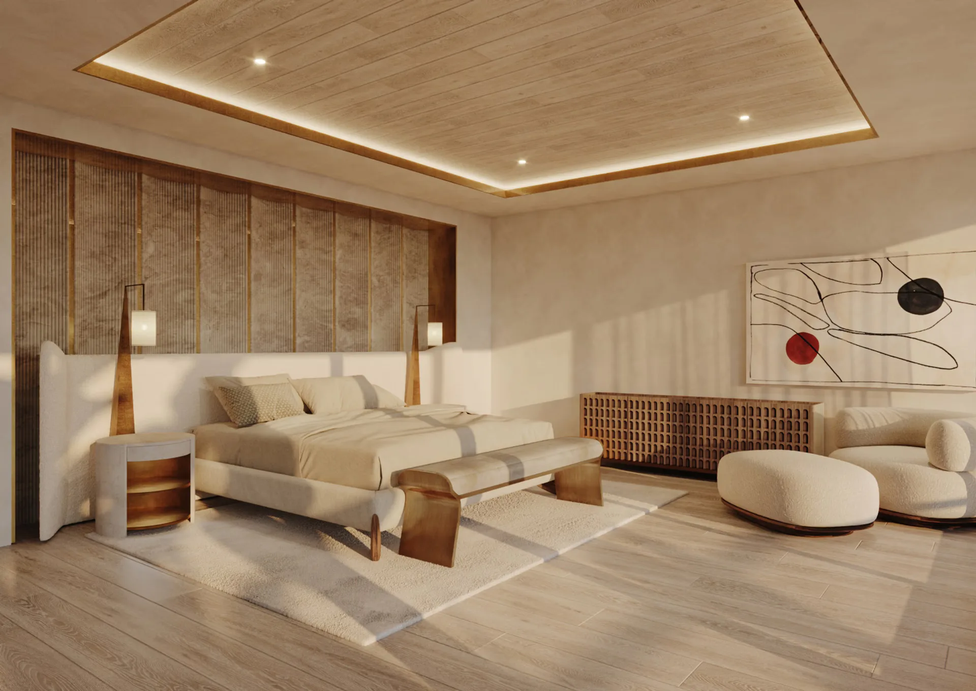 Luxurious bedroom with warm wood and cream tones, featuring a floating bed with brass accents, coffered ceiling with integrated lighting, and a seating area with curved furniture by Fernanda Ruelas.