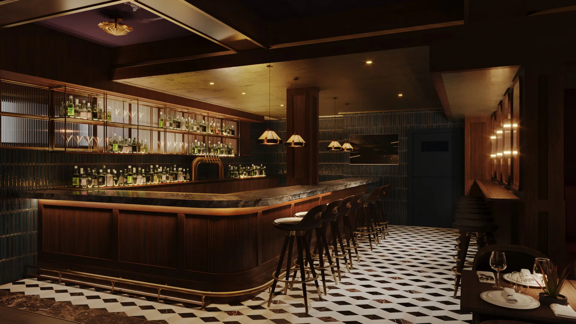 Luxe cocktail bar with curved dark wood counter, checkered black-and-white flooring, brass fixtures, and illuminated shelving displaying spirits, designed by Fernanda Ruelas.