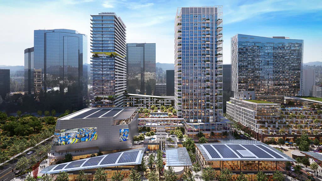 Urban mixed-use development with residential towers, retail podium, and green spaces overlooking a cityscape by Florence Lung.