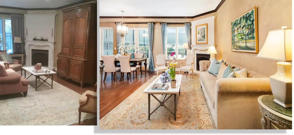 Three luxury residential interiors featuring elegant living spaces with neutral palettes, hardwood floors, upholstered furniture, and refined finishes by Francesca B Bova.