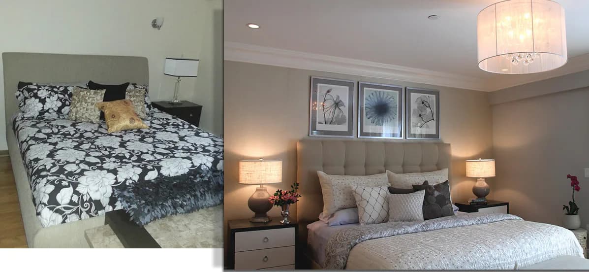 Master bedroom interior with upholstered headboard, layered bedding in neutral tones, paired nightstands with table lamps, and framed wall art, designed by Francesca B Bova.