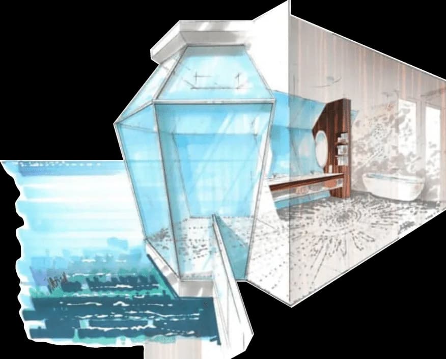 Architectural rendering of a modern bathroom with floor-to-ceiling blue-tinted glass walls overlooking a coastal landscape, featuring minimalist fixtures and natural stone flooring by Francesca Bucci.