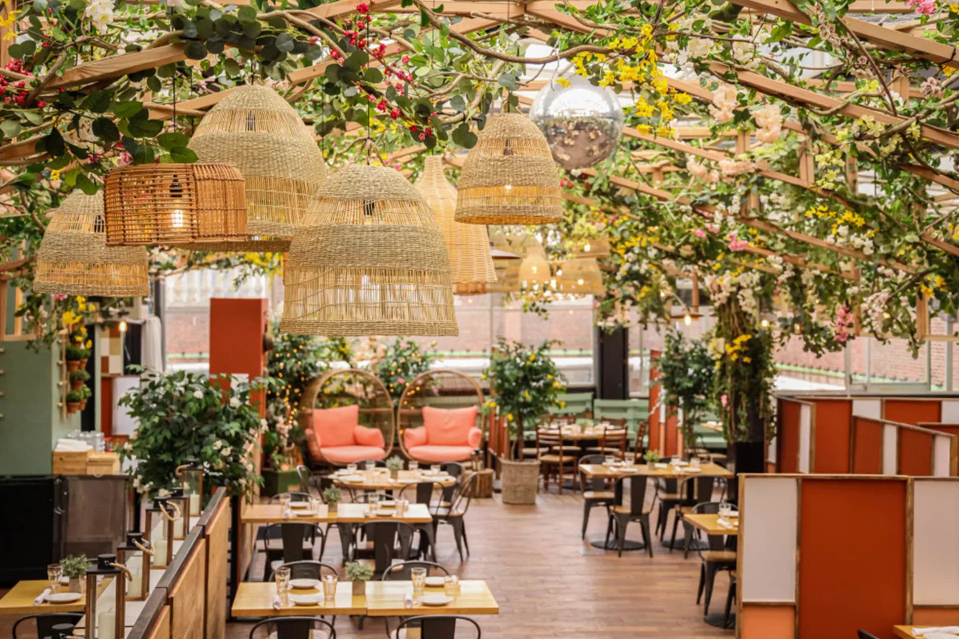 A vibrant restaurant interior with woven rattan pendant lights, terracotta-red accents, lush green climbing plants, wooden tables and chairs, and a warm earthy palette designed by Francesca Signori.