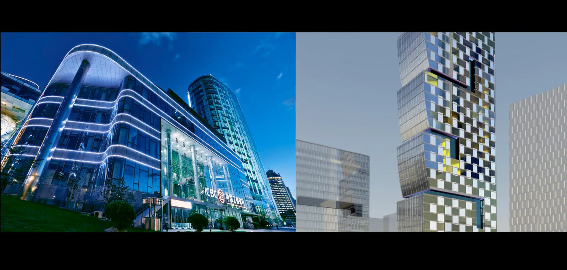 Two modern commercial buildings with curved glass facades and contemporary architecture against blue sky, designed by Frank Repas.