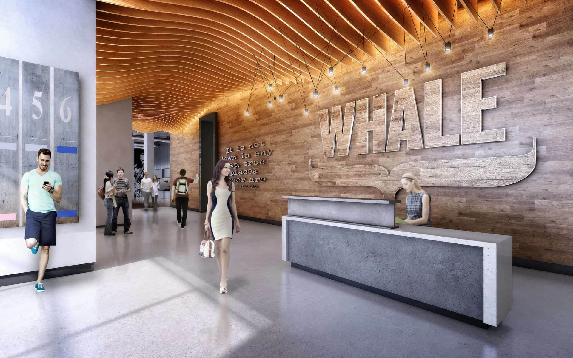 Modern commercial lobby with wooden ceiling, concrete desk, and large WHALE signage, featuring synthetic figures and perfectly lit interior by Glen Lee.