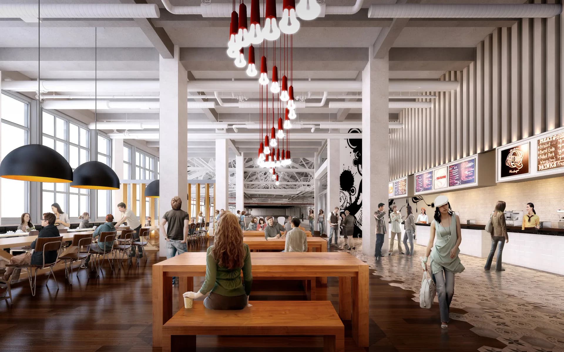 Modern commercial interior with wooden tables, black pendant lights, red sculptural ceiling installation, and figures in a bright, minimalist space by Glen Lee.