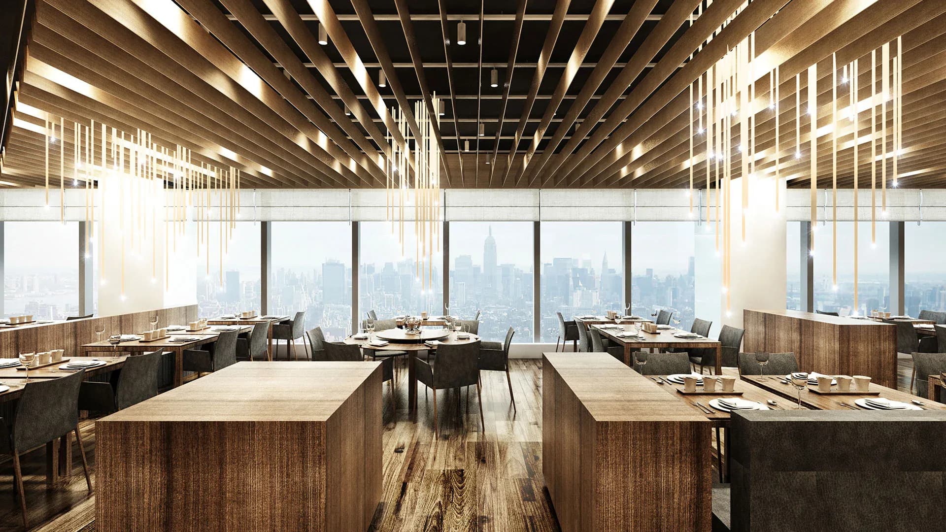 Modern high-rise restaurant with wooden islands, floor-to-ceiling windows overlooking cityscape, linear ceiling details, and warm ambient lighting by Glen Lee.