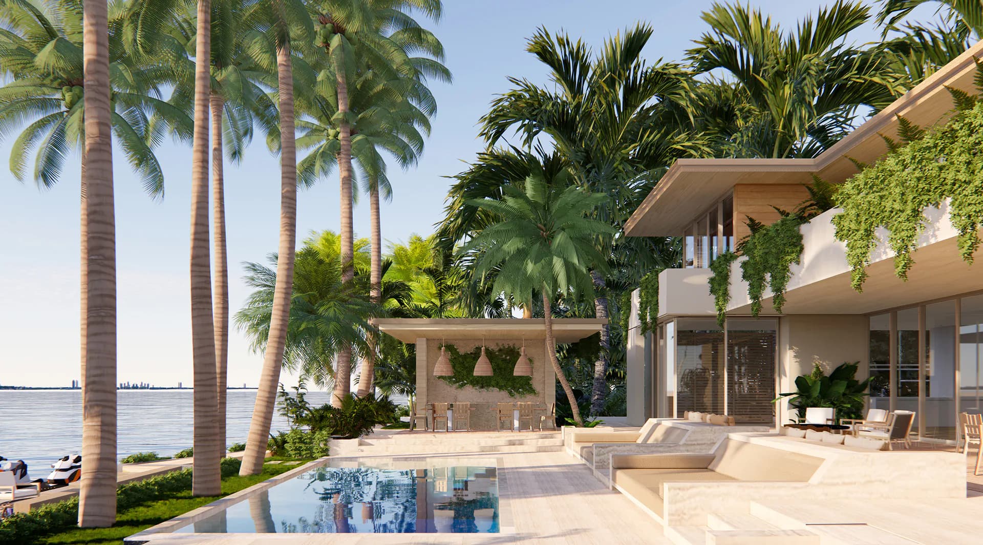 Waterfront residential exterior with pool, palm trees, and modern architecture featuring clean lines and neutral tones by Gwendolyn Conners.