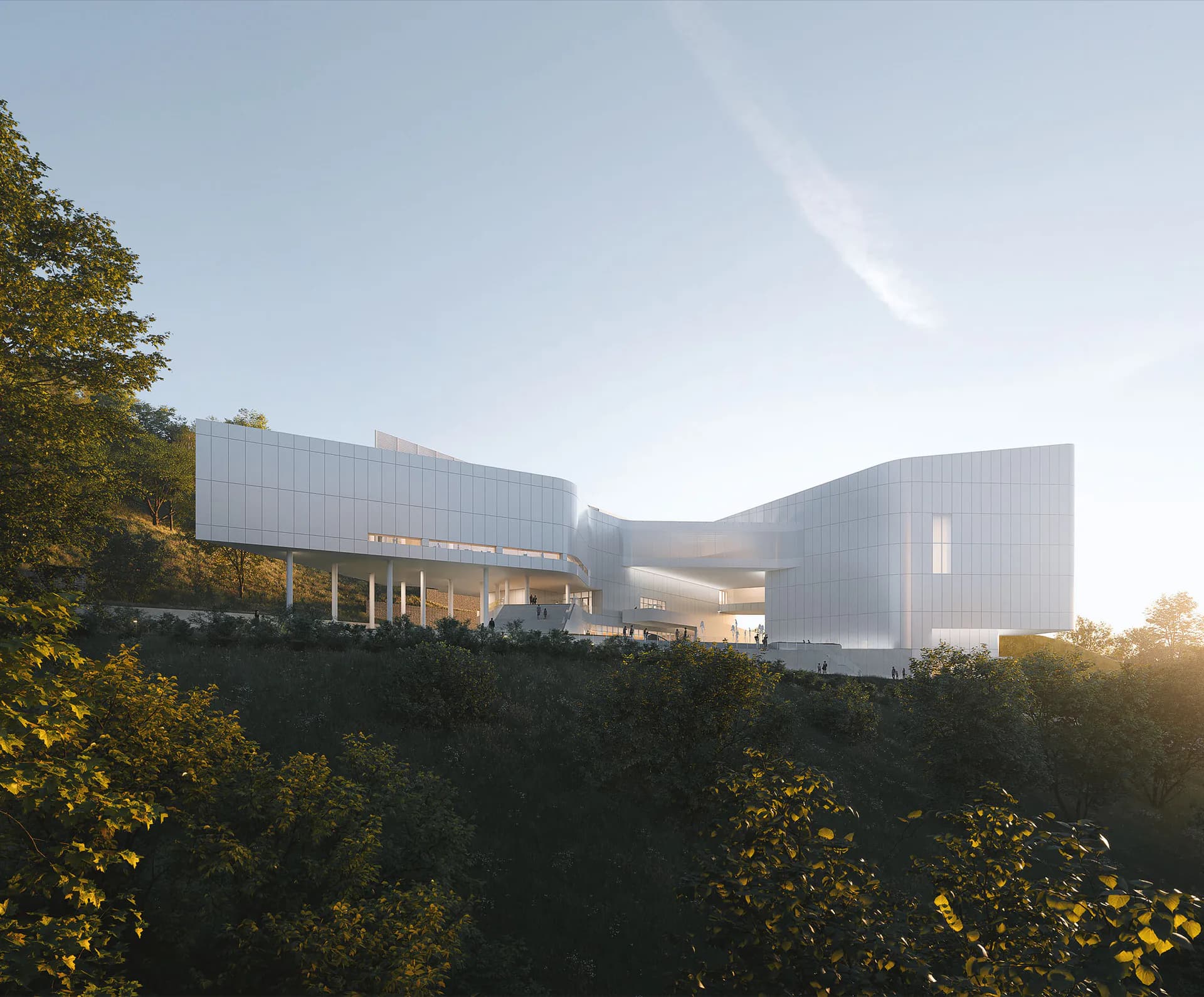 Modern architectural structure with curved metallic facade nestled on hillside surrounded by vegetation, designed by Hiuki Lam.