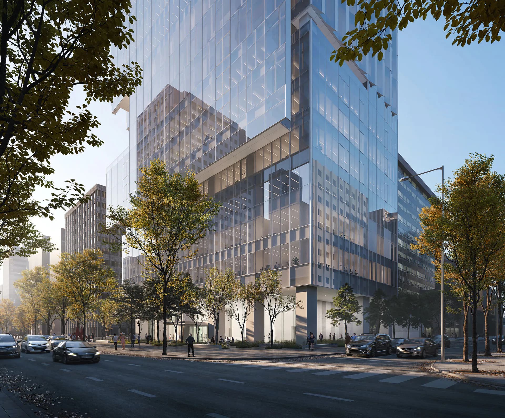 Modern mixed-use tower with glass and stone facade featuring integrated historic building elements, street-level retail, and mature trees lining the urban streetscape by Hiuki Lam.