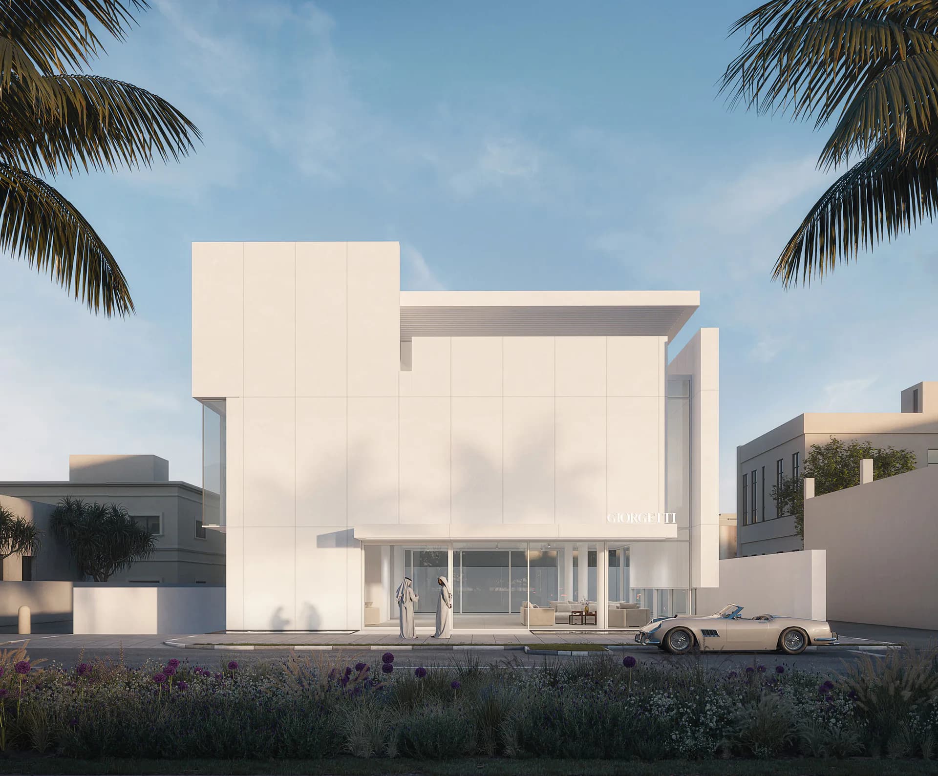 Minimalist white cubic residential building with clean geometric forms, expansive glazing, and integrated garage, set against blue sky with palm trees by Hiuki Lam.