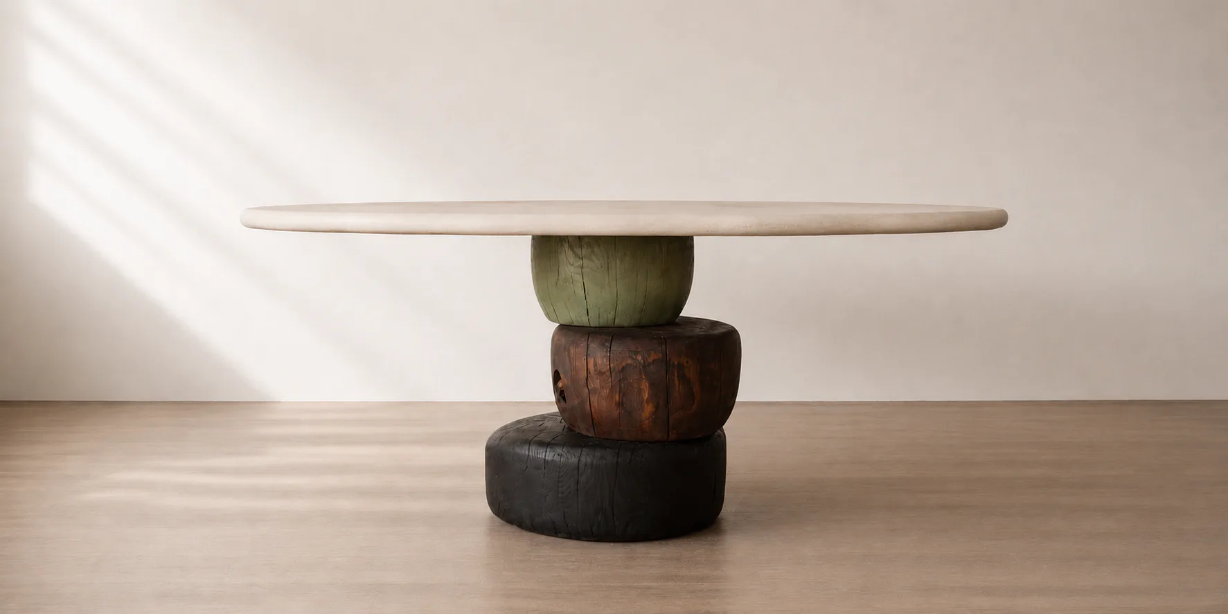 A sculptural side table with stacked ceramic base in green, rust, and black tones supporting a pale stone tabletop, bathed in natural light by Ian Love.
