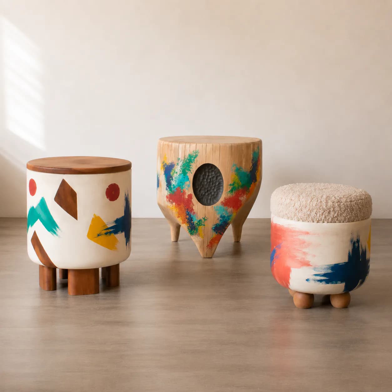 Three wooden stools with colorful painted designs and upholstered tops displayed on a wooden floor, showcasing playful craft furniture by Ian Love.