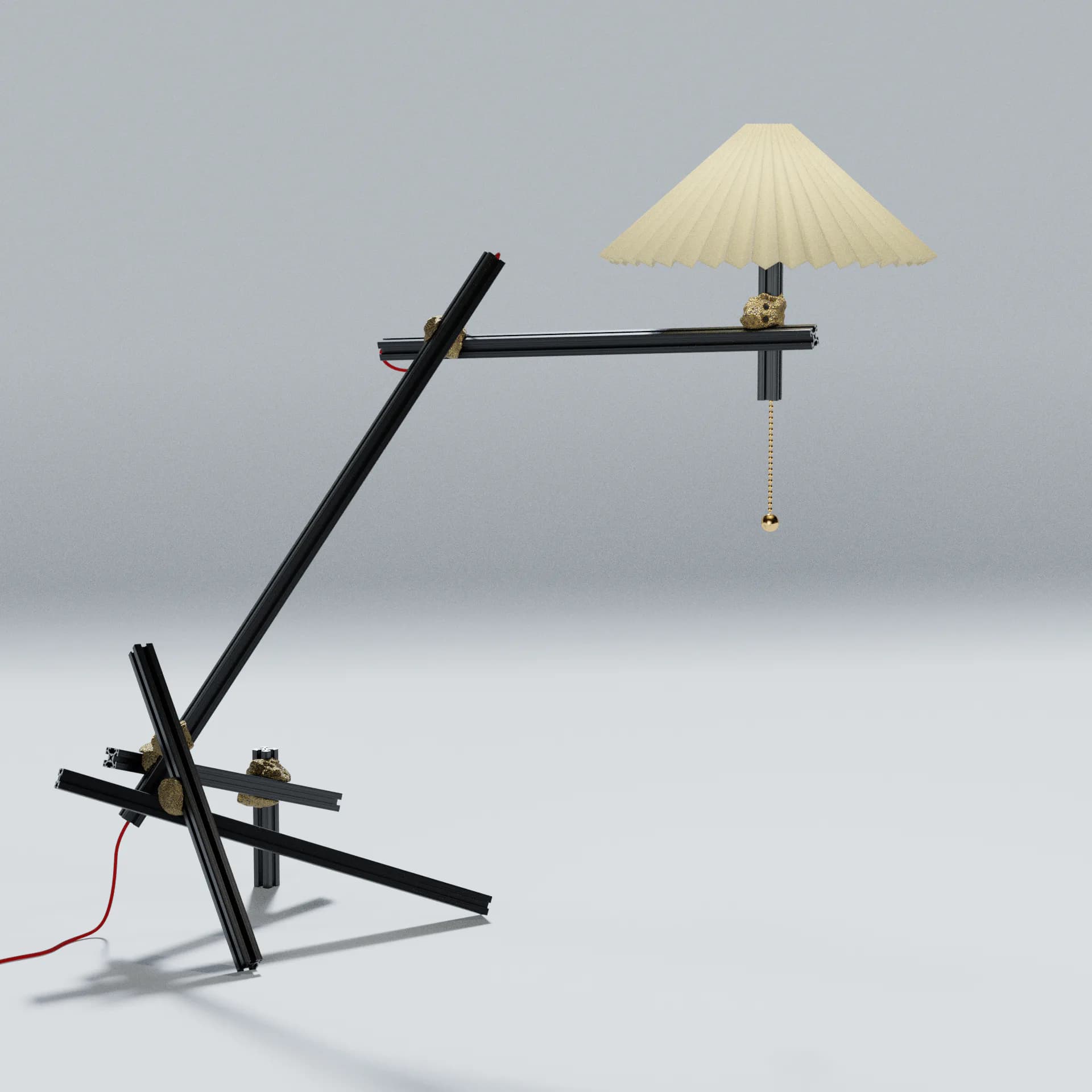 Black metal tripod lamp structure with cream fabric cone shade and hanging brass chain detail by Jack Eriksson.