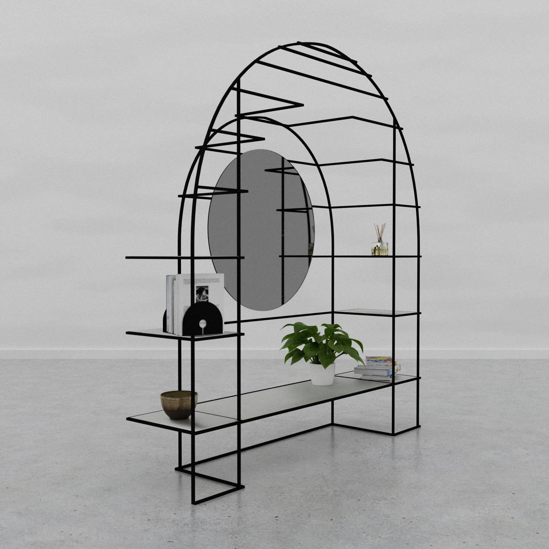 Wireframe architectural installation with arched metal frame, internal shelving, and minimal furnishings against neutral backdrop by Jack Eriksson.