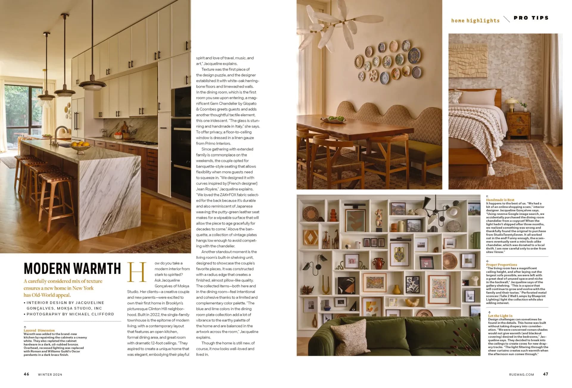 Magazine spread featuring warm residential interiors with marble kitchen island, wooden dining chairs, gallery wall, and bedroom details in neutral tones by Jacqueline Goncalves.