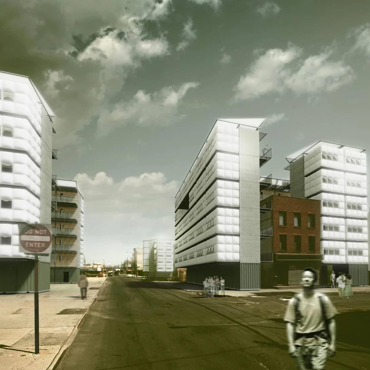 Urban street scene with modern white apartment buildings, a historic brick structure, and synthetic ghosted pedestrians under a stylized sky by James Vira.