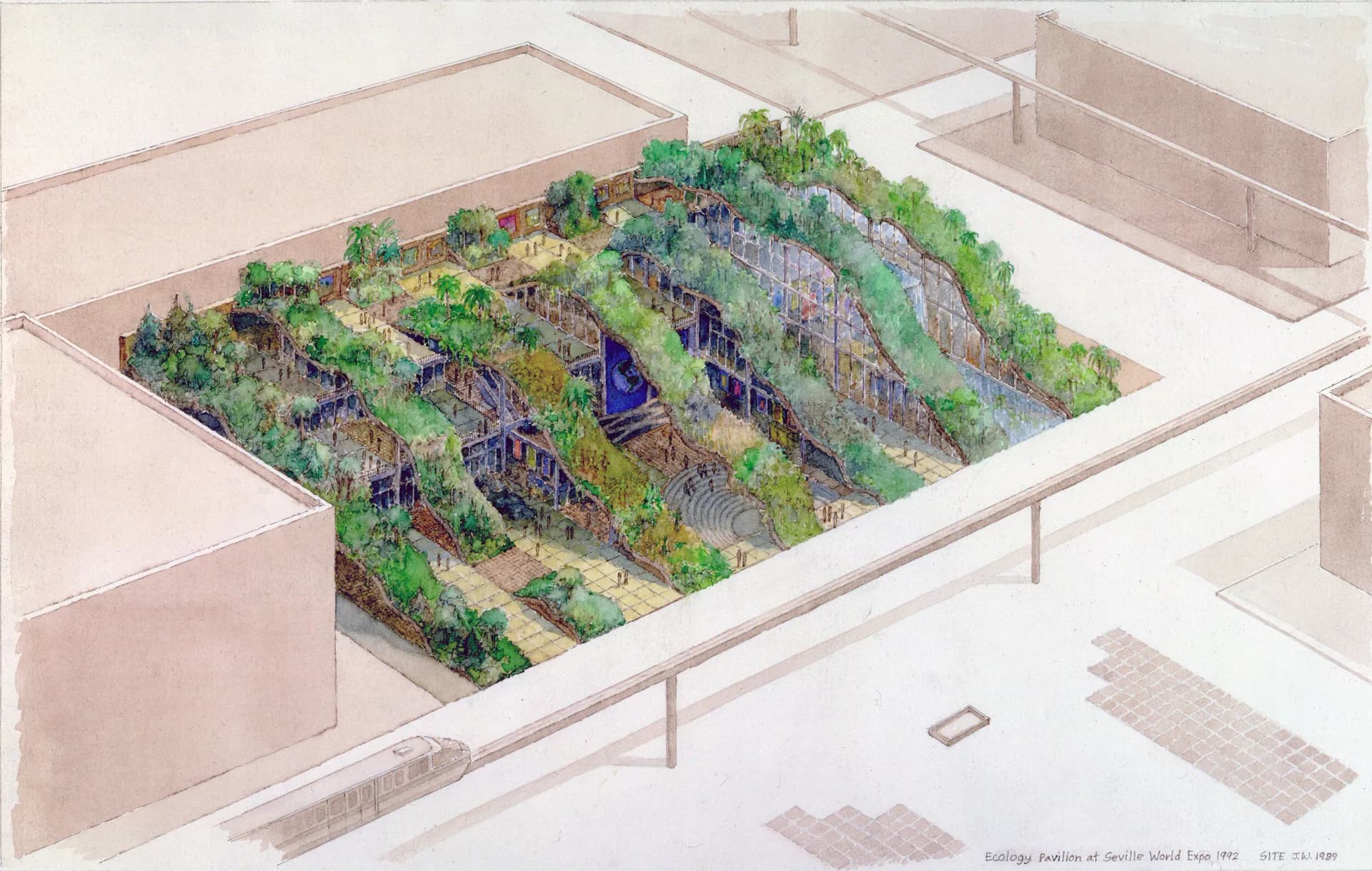 Isometric architectural rendering of a sloped rooftop garden with layered purple and green plantings by James Wines.