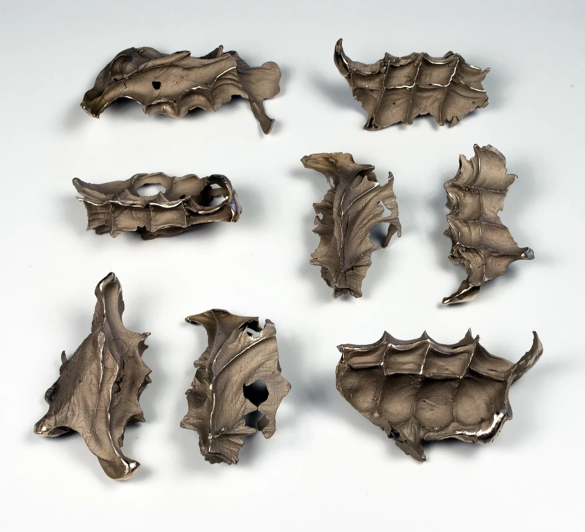 Collection of nine cast bronze sculptural forms with organic, textured surfaces and varied abstract shapes arranged on a white background by Jann Nunn.