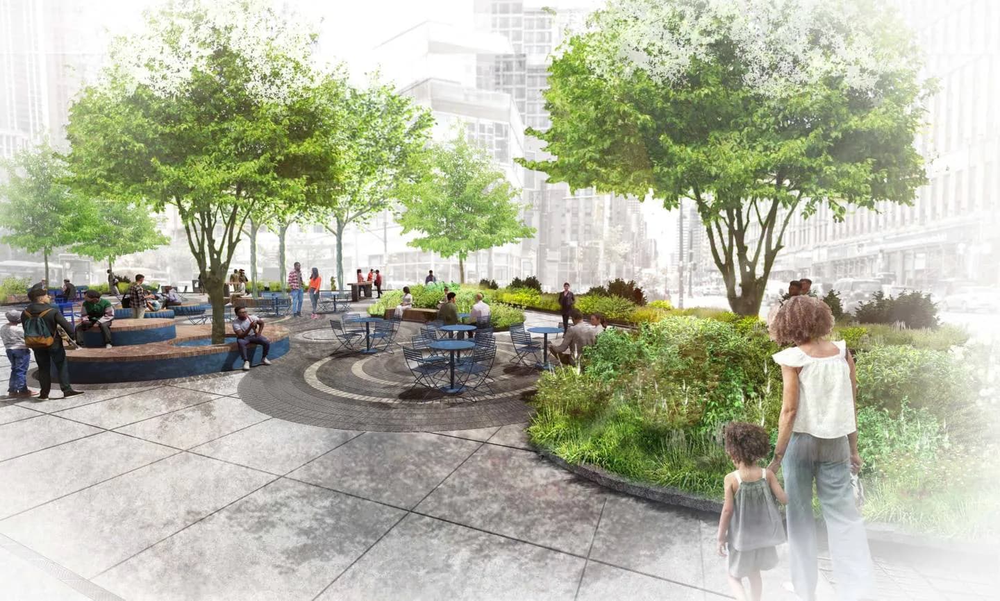 Urban plaza with large mature trees, curved paving patterns, seating areas, and pedestrians, rendered with soft lighting and ghosted figures by Jared Della Valle.