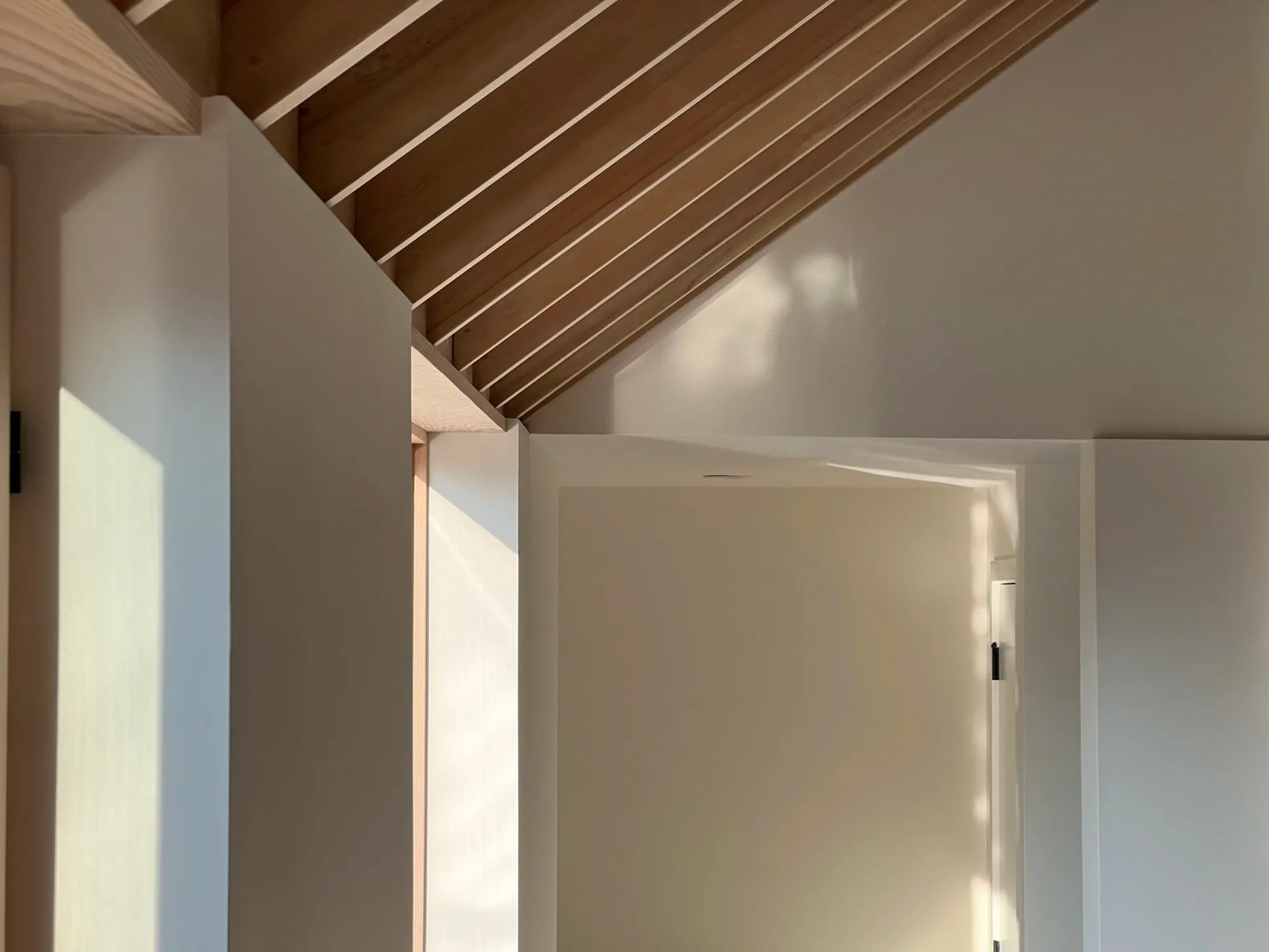 Minimalist interior with angled wood ceiling, white walls, and doorway with soft natural light, by Jason Papa
