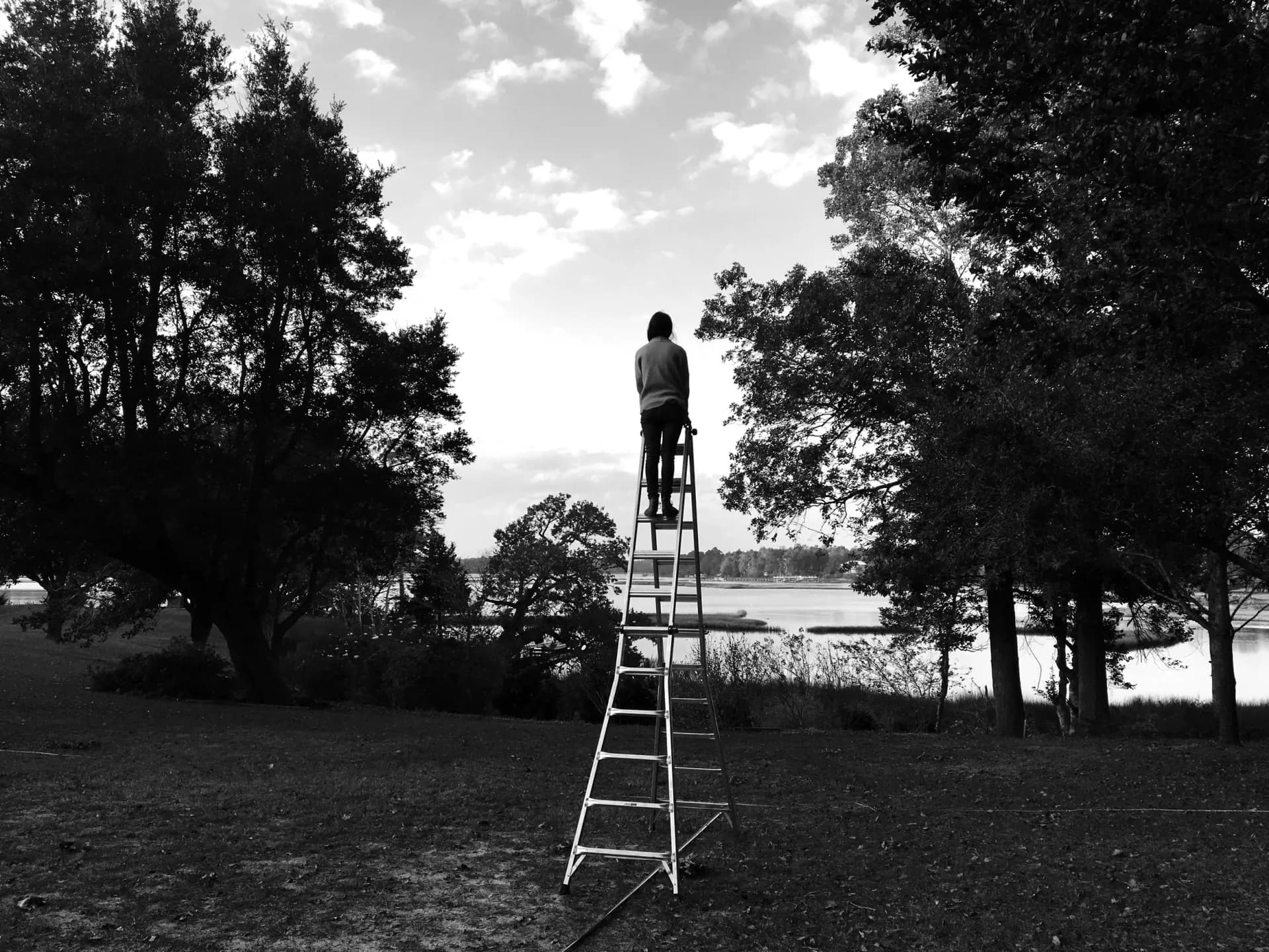 Black and white photograph of a solitary figure standing atop a tall ladder in a park landscape by water, trees framing the composition, by Jason Papa.