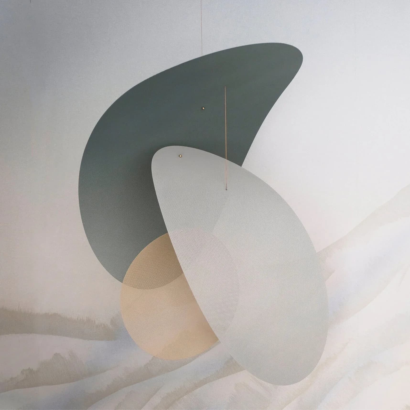 Abstract sculptural forms in grey, white, and beige with soft, diffused lighting and ethereal quality suggesting a 3D rendered design installation by Jean Lee.