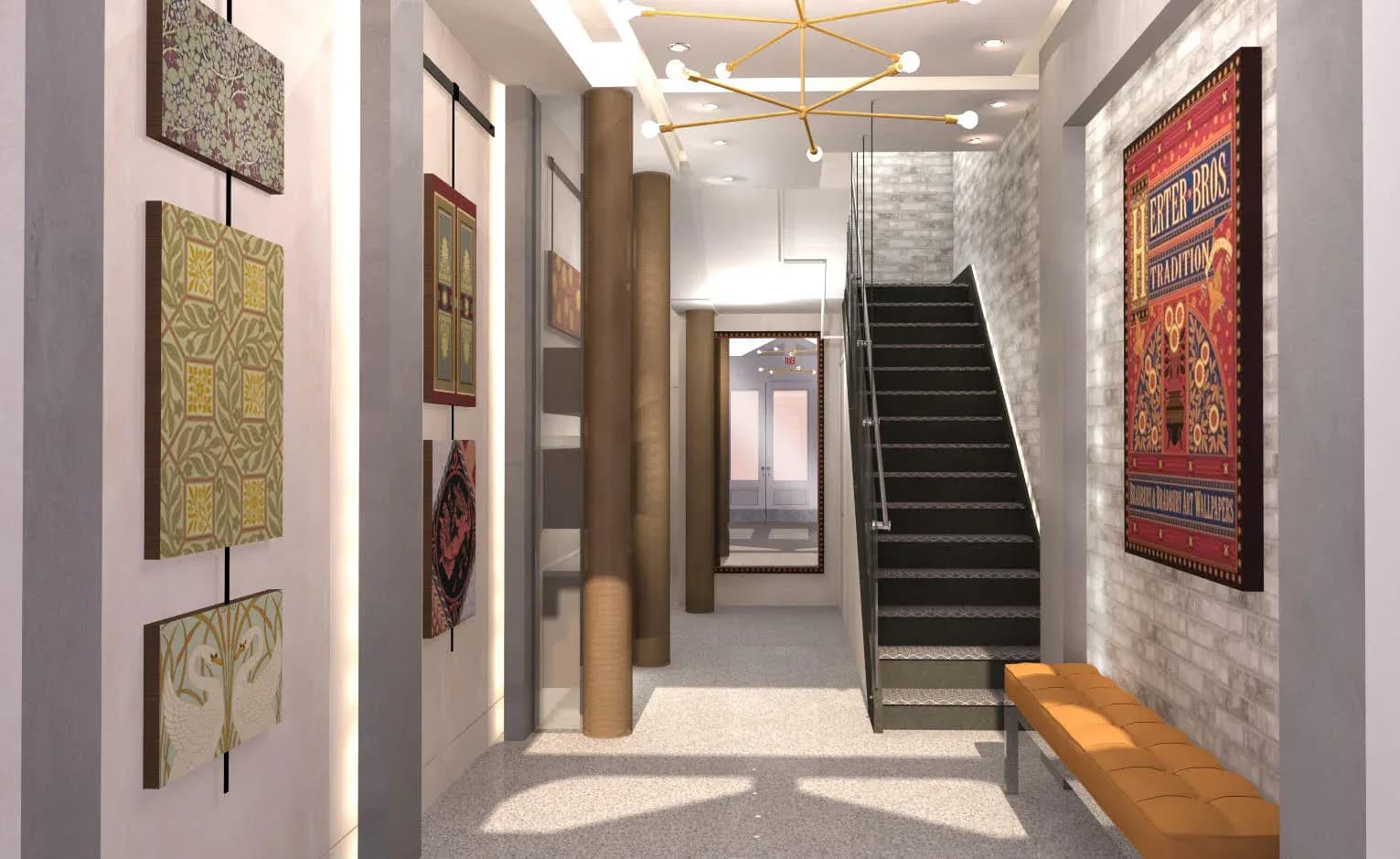 Modern corridor with staircase, gallery walls displaying colorful textile art, wooden bench, and warm neutral palette by Jeanne Isaacson.