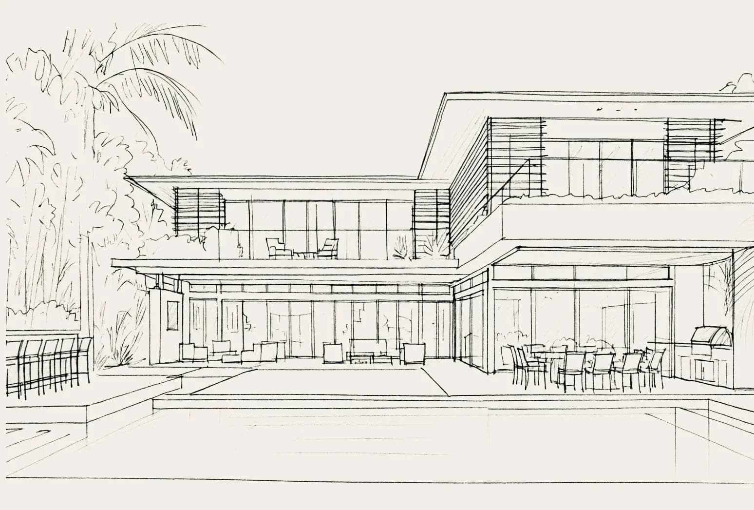 Architectural sketch of a contemporary residential courtyard with clean lines, multiple levels, large glazed openings, and landscaping, by Jenna Reinero.