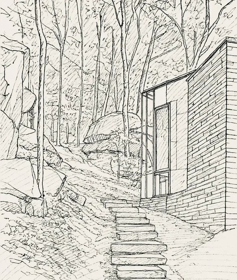 Architectural sketch of a modernist brick structure nestled in a wooded landscape, with bare trees and natural terrain rendered in pen linework by Jenna Reinero.