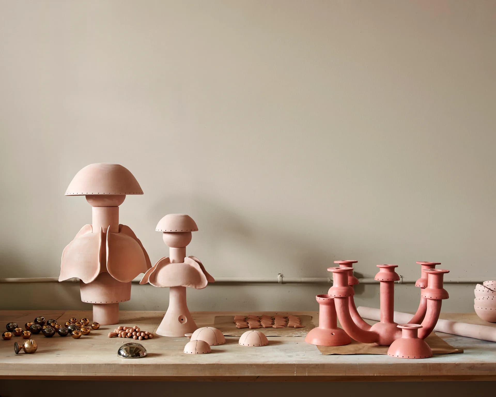 Styled still life arrangement of pink ceramic sculptural objects and natural materials on a neutral shelf, by Jeremy Anderson.