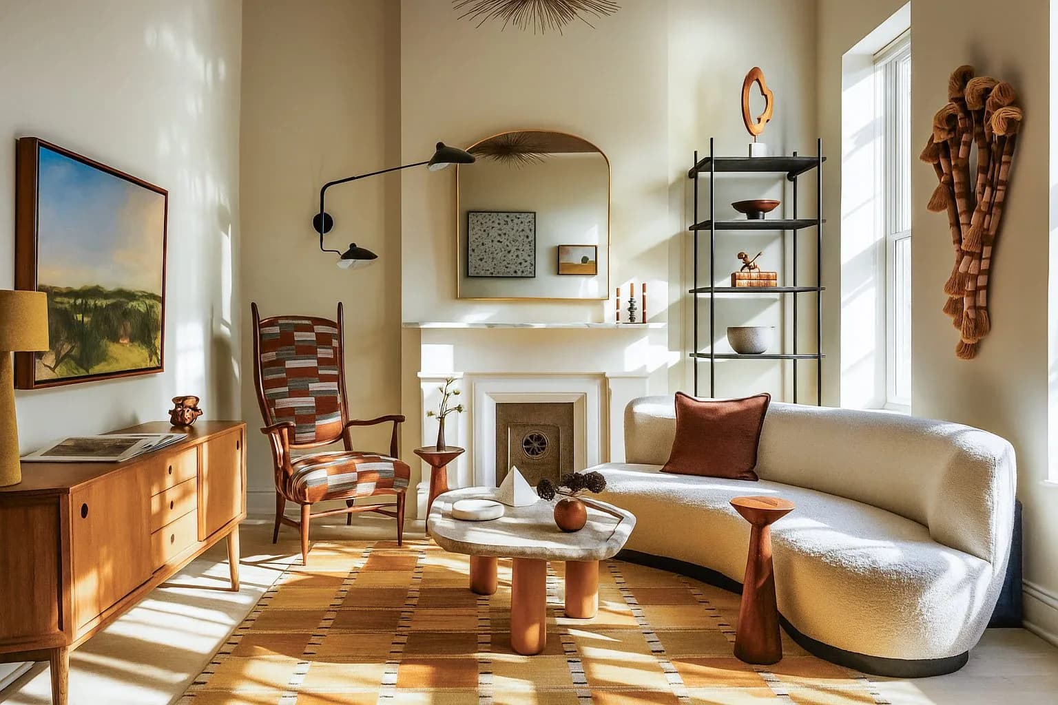 Bright, minimalist living room with curved cream sofa, mid-century furniture, patterned rug, fireplace, and geometric wall shelving by Jesse Elliott.