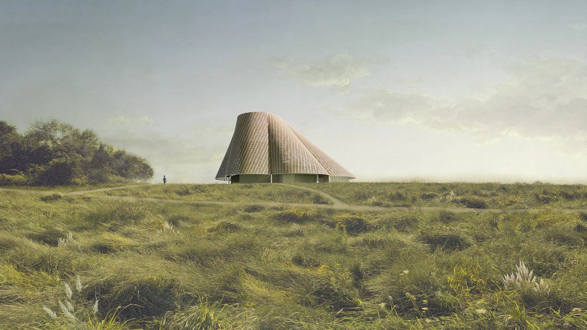 Sculptural tent-like structure with vertical ribbed surfaces in a grassy landscape under overcast sky, by Jing Liu.