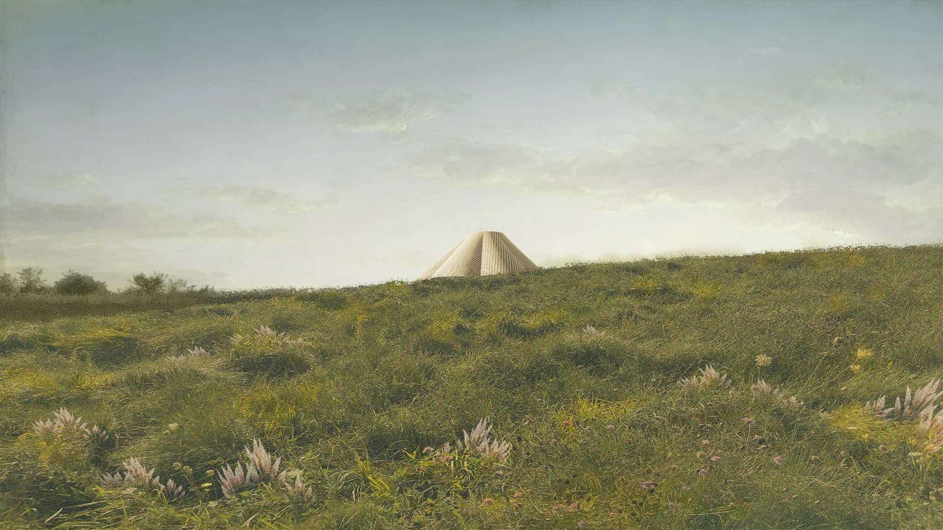 Vast meadow landscape with yellow wildflowers and a geometric tent structure on the horizon by Jing Liu.